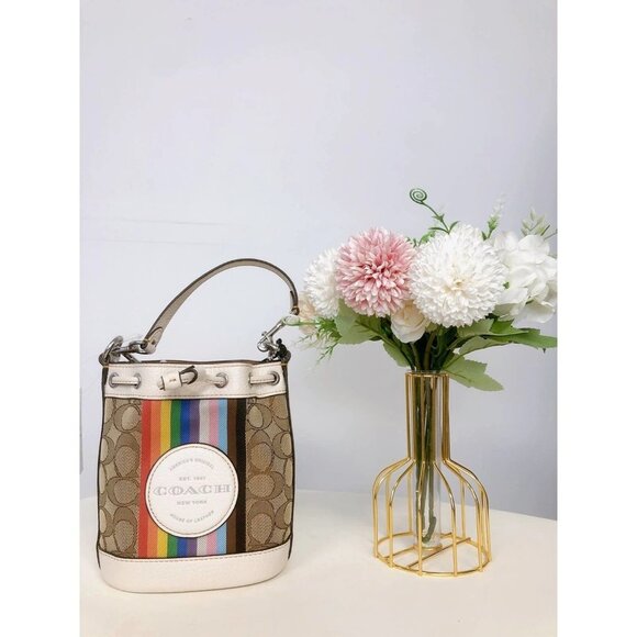 Coach CJ661 Mini Dempsey Bucket Bag In Signature Jacquard With Rainbow Stripe - Picture 1 of 6